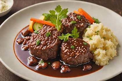 Beef cheeks, slow-braised in red wine, served with pickled vegetables and mashed potatoes.
