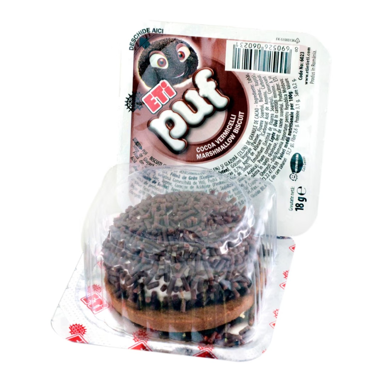Eti Puf, Biscuite, cu Bezea si Granule de Cacao, 18 g (expiră în curând)