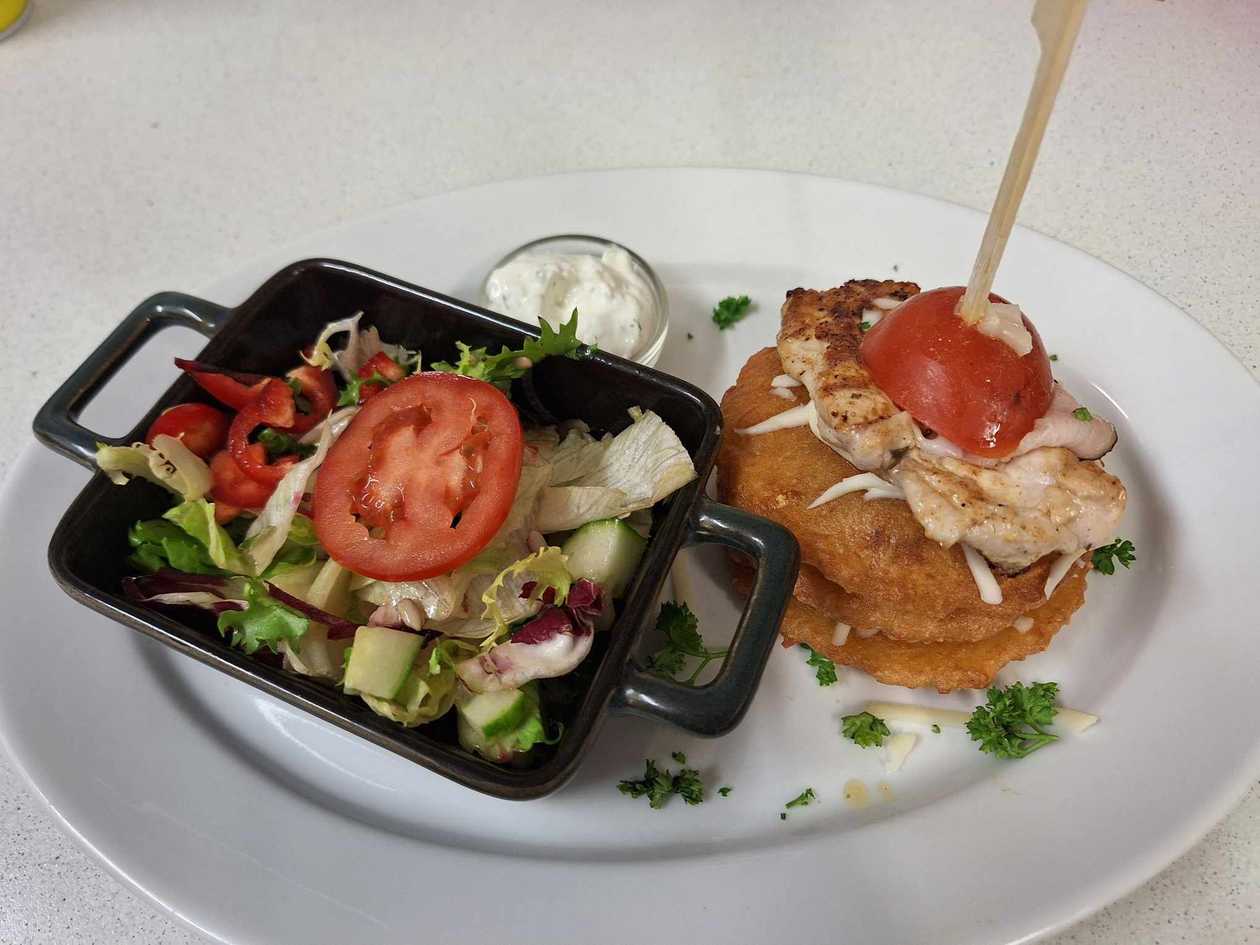 Chicken Pyramid with Potato Pancakes (3pcs), English Bacon, Baked with Cheese and Chicken Breast with Green Salad