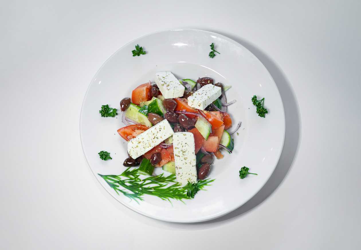 GREECE: Greek vegetable salad "CHORIATIKI" (tomato, cucumber, red onion, olives, olive oil, FETA cheese)