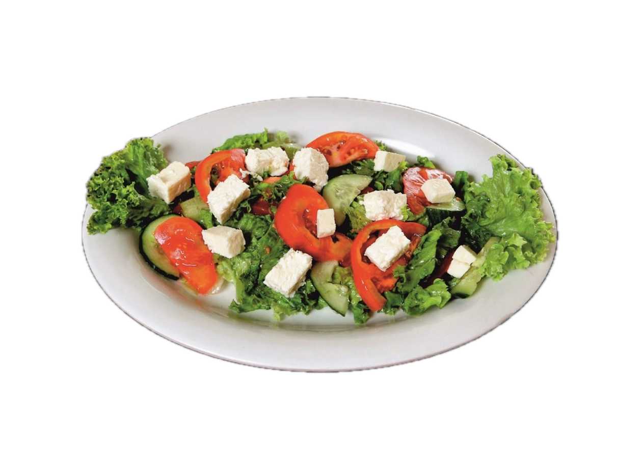 Vegetable salad with feta cheese and pizza brot bread