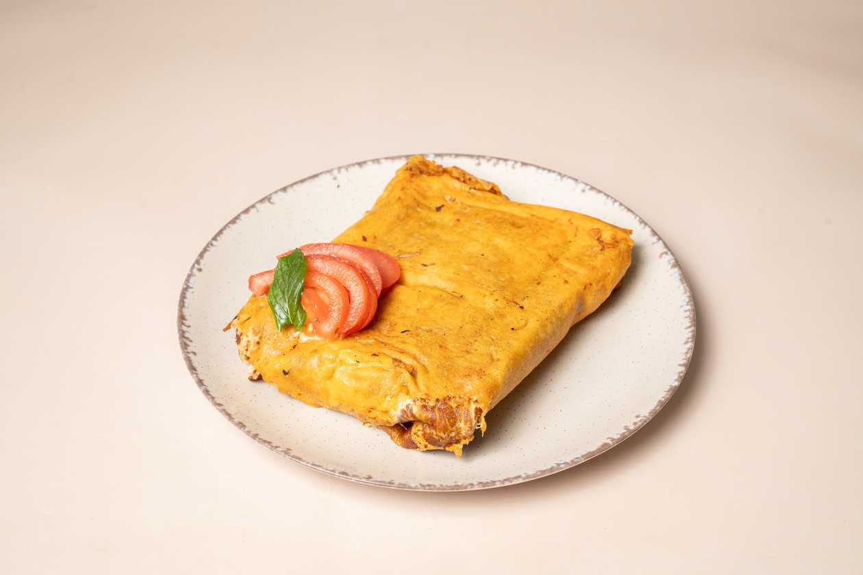 72. Pork Gyros, Bacon, Cheese, Tomato, Cheese Spread Crepe