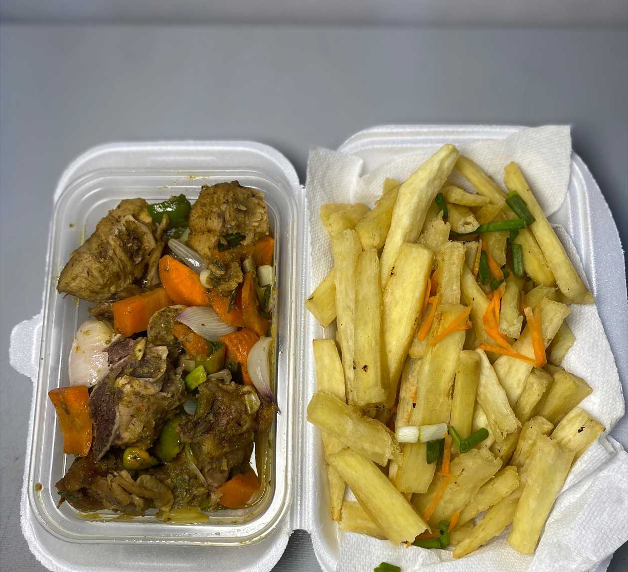 Yam chips & Peppered Turkey. Serves 2 people.