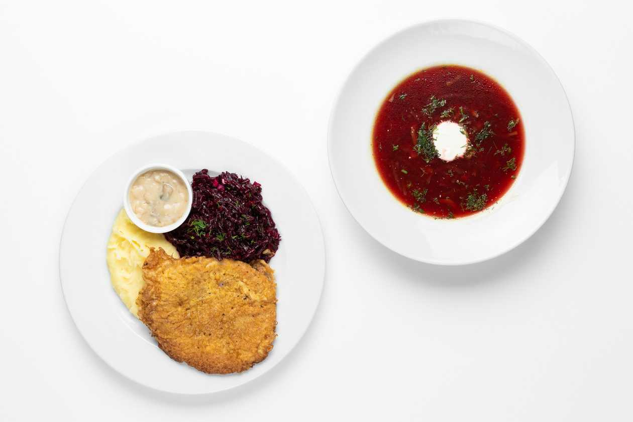 Borscht soup and Lithuanian steak with 2 sides of your choice