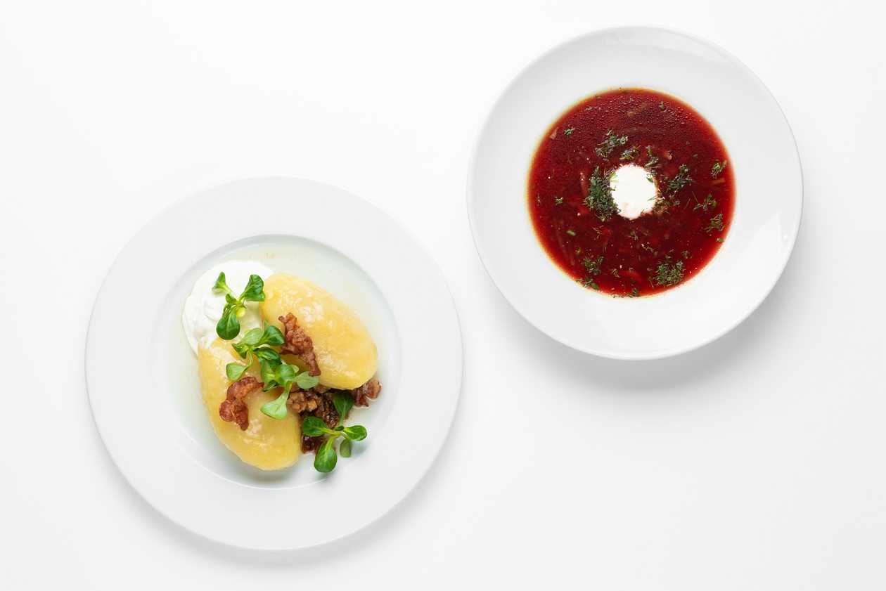 Borscht soup and 2 Zeppelins stuffed with meat