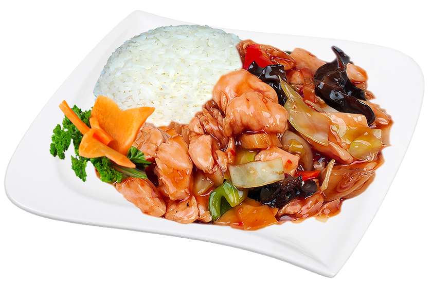 Sichuan-style chicken, rice