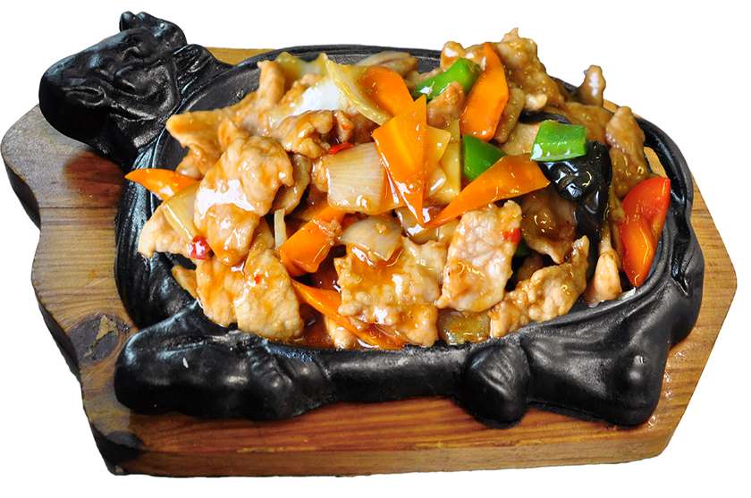 Pork on a hot plate