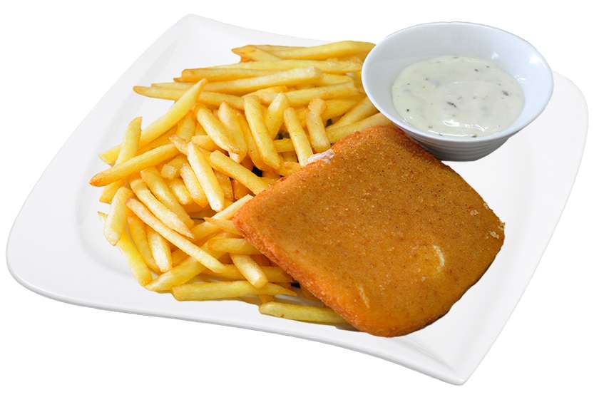 Fried cheese, fries, sauce