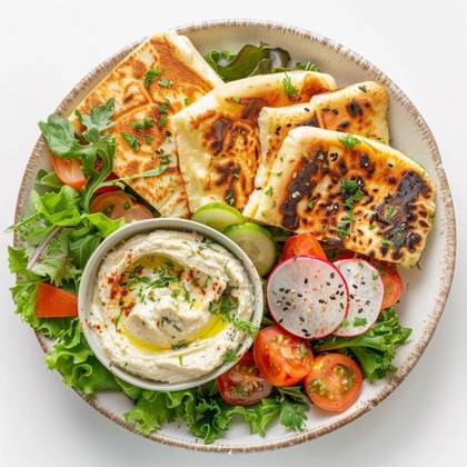 Halloumi talíř, hummus, pita