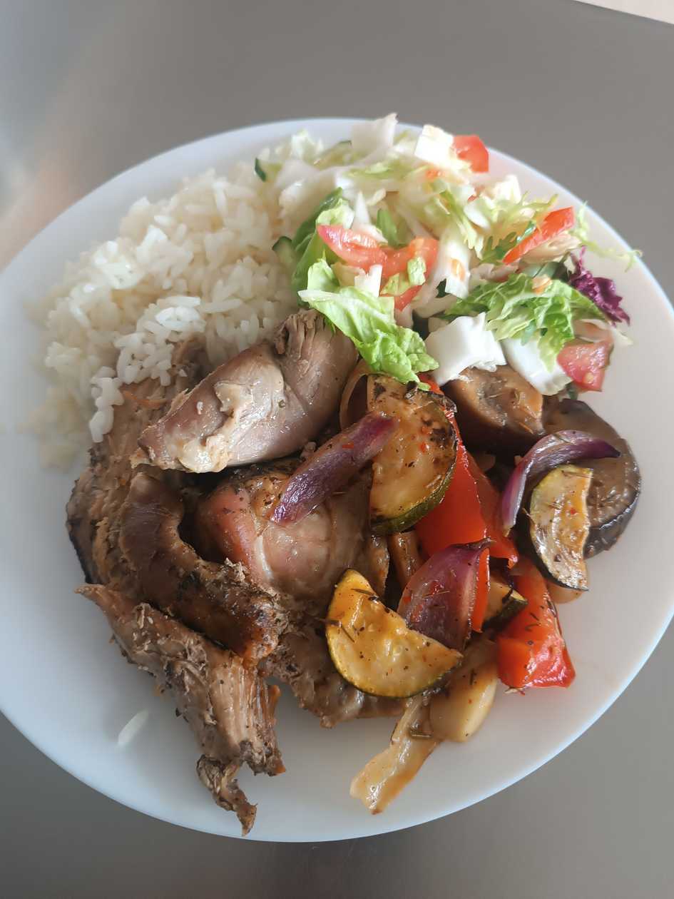 Boiled turkey with roasted vegetables