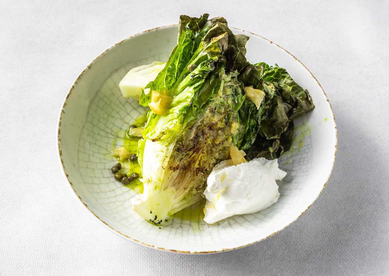 Grilled Romaine Lettuce, Labneh, Chives, Pickled Lemons
