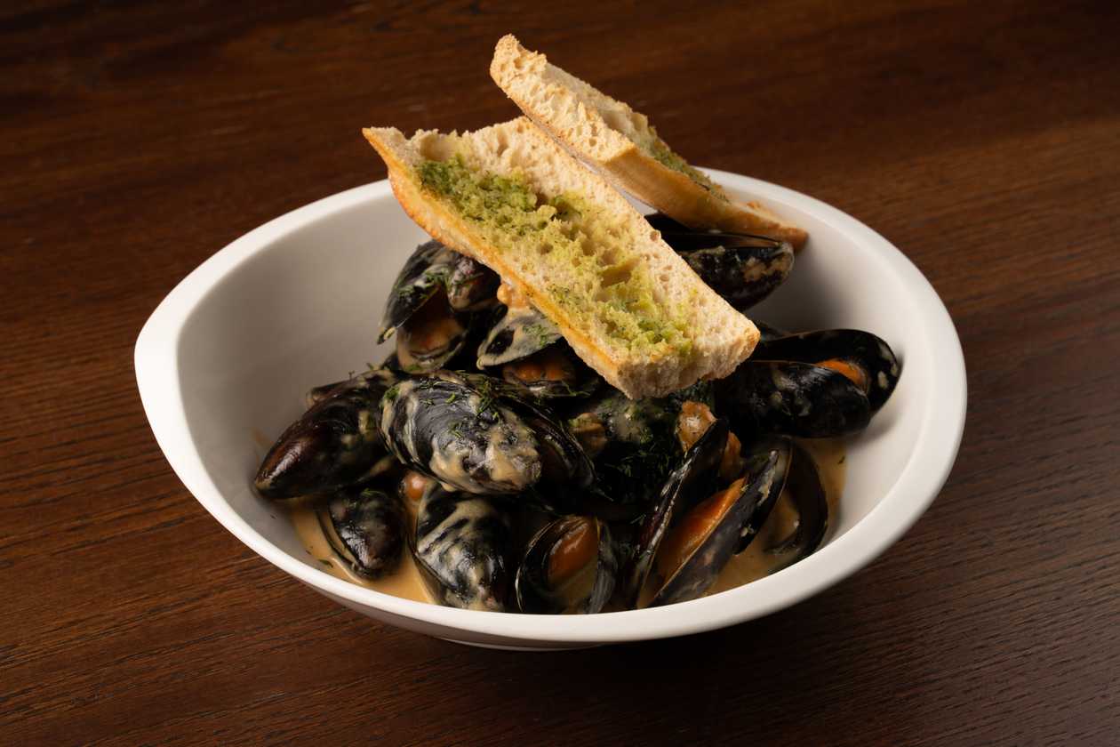Mussels in parmesan-cream sauce with baguette