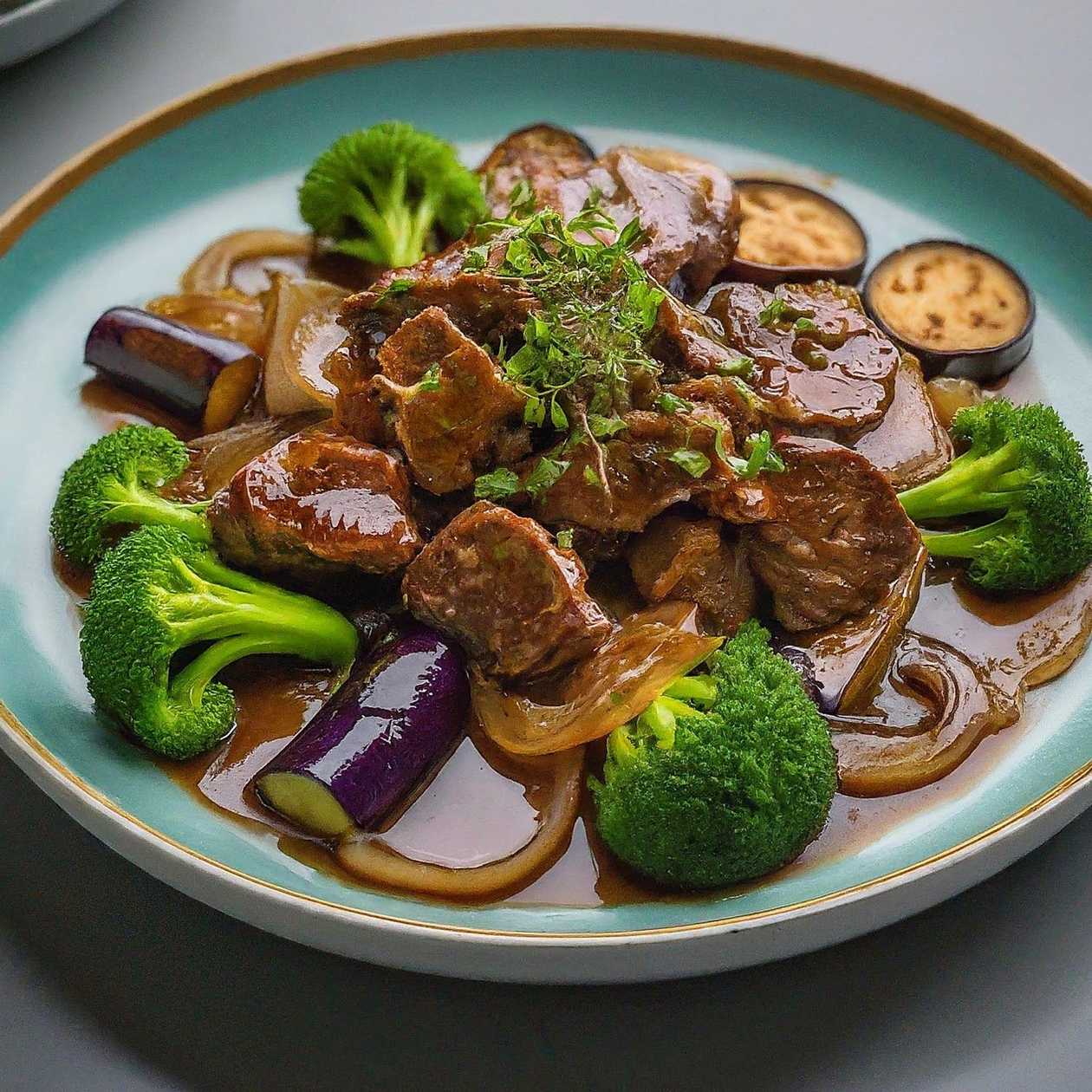76.Lamb with eggplant and broccoli