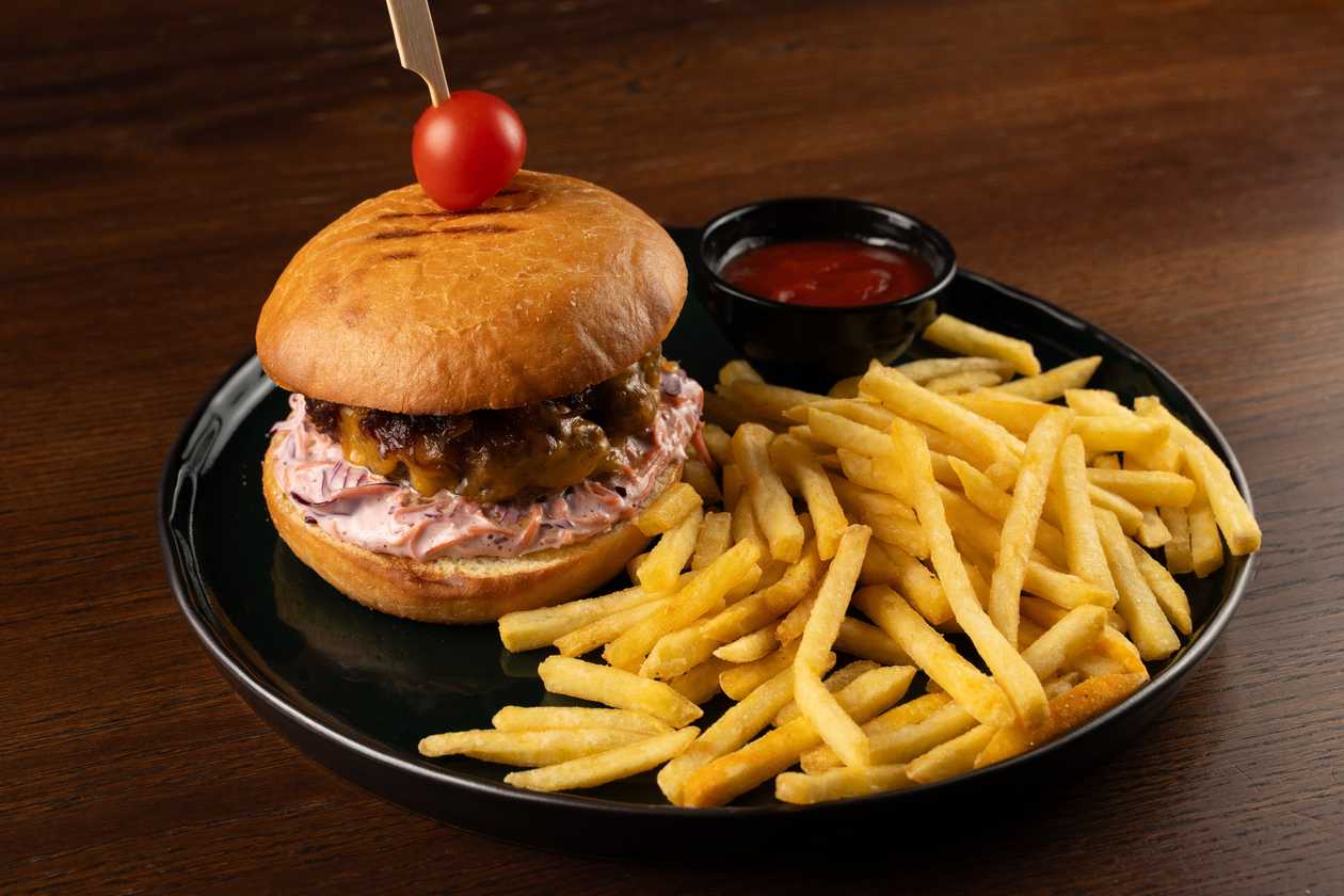 Latvian beef burger with bacon jam