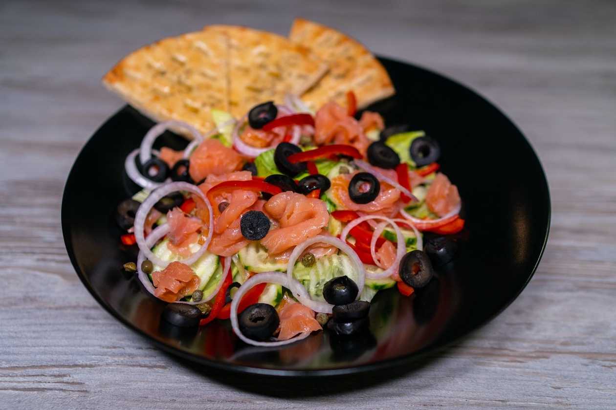 Salmon salad with mustard dressing