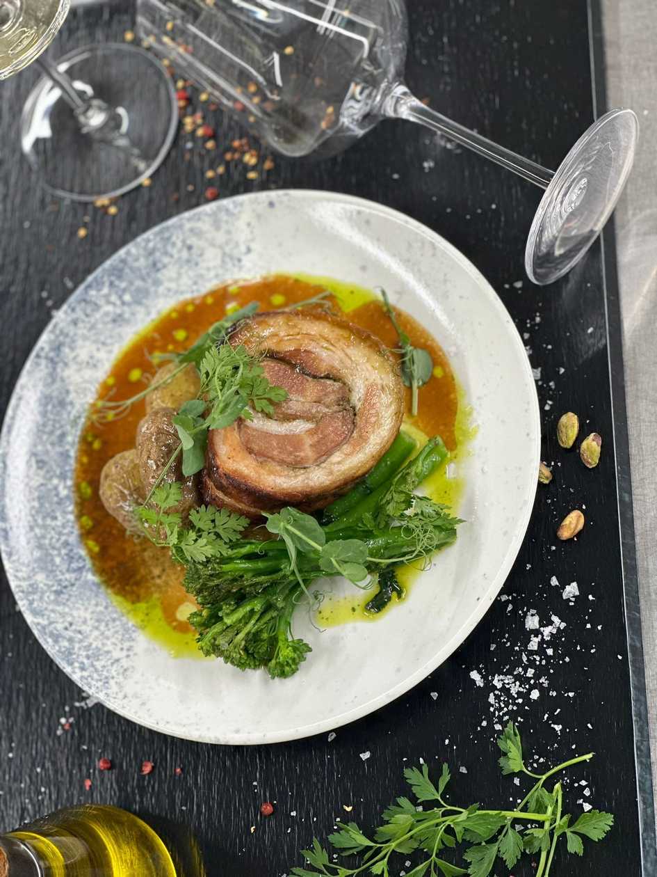 Pork porchetta, herbs, fennel seeds, wild broccoli, grenaille