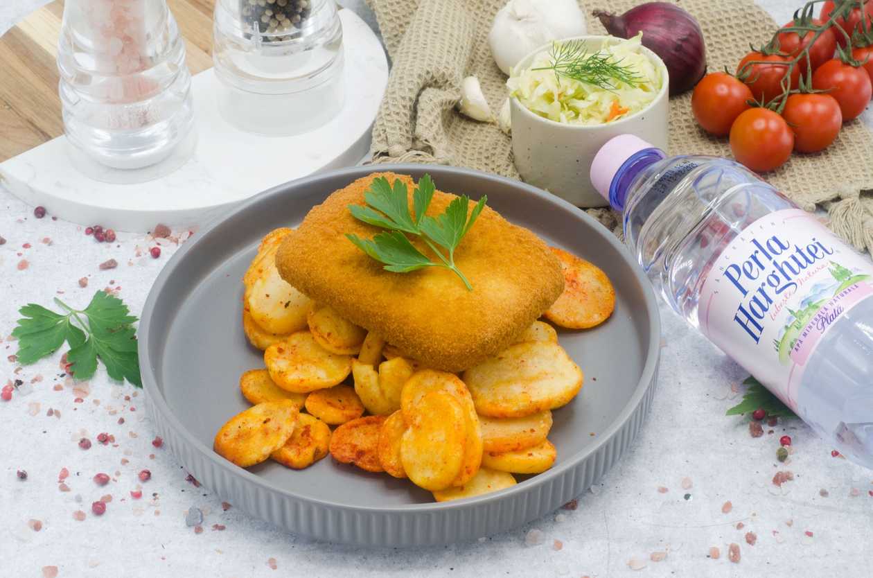 Cascaval pane cu pesmet auriu,rondele crocante de cartofi,salata de varza alba,apa plata
