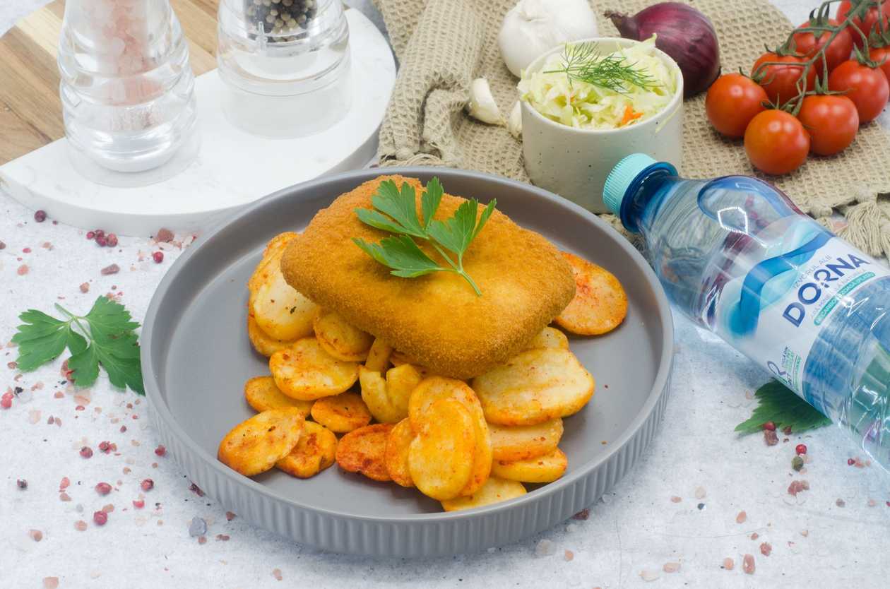 Cascaval pane,rondele crocante de cartofi,salata de varza alba,apa plata