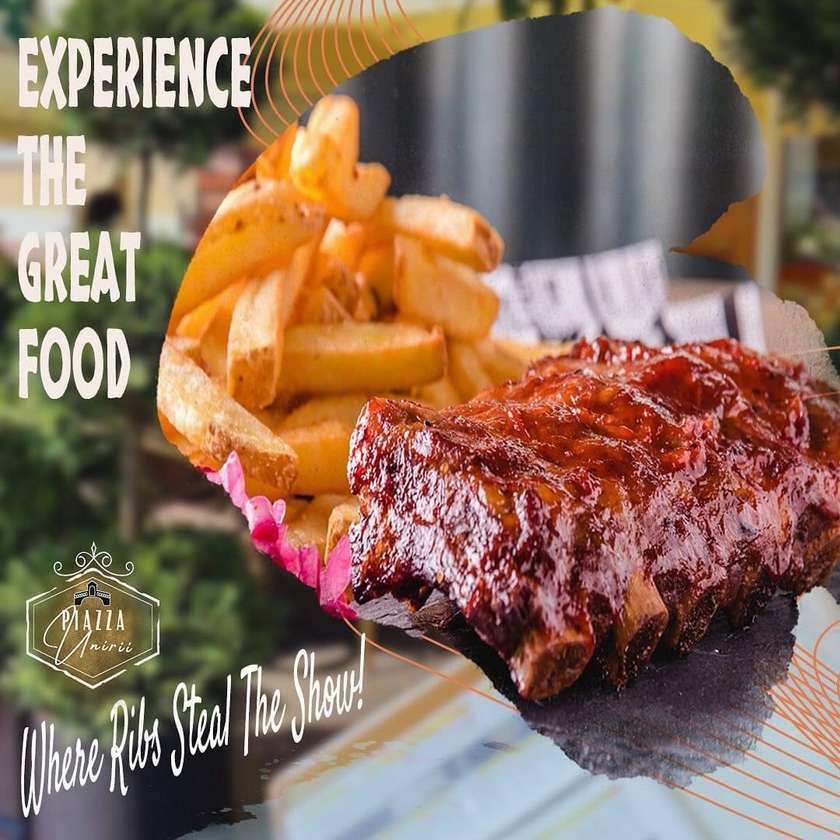 Caramelized pork ribs with wedges and barbecue sauce