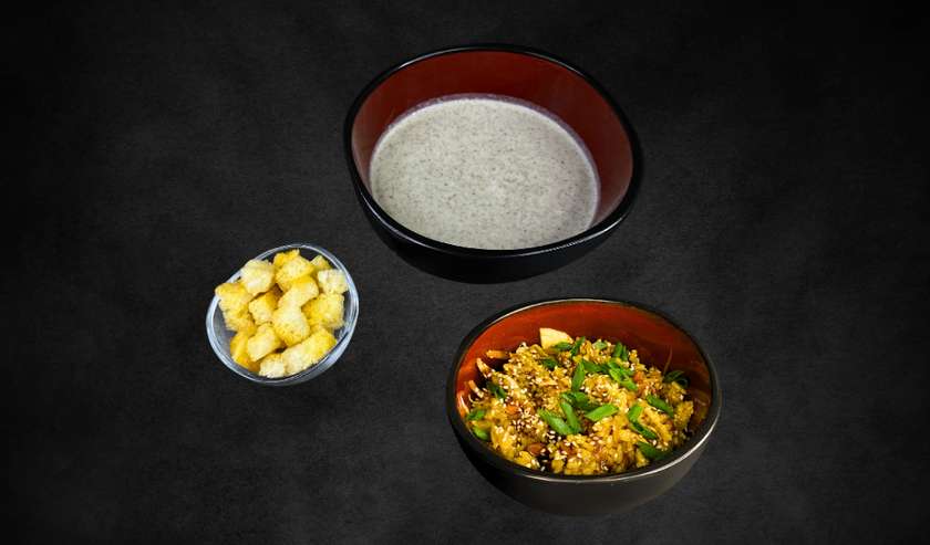 Lunch with Rice and Chicken and Mushroom Soup