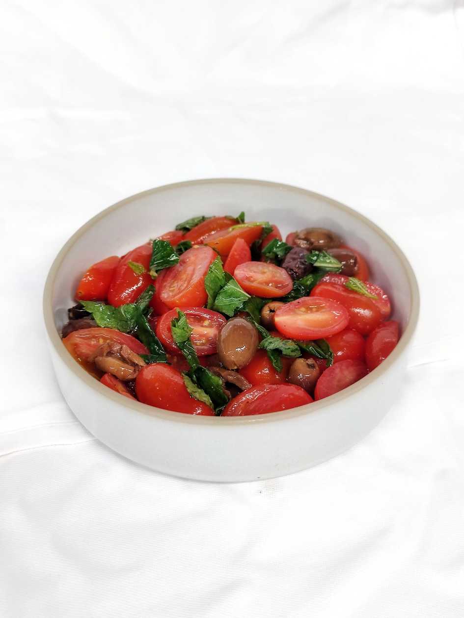 CHERRY TOMATO SALAD, BLACK OLIVES, MINT