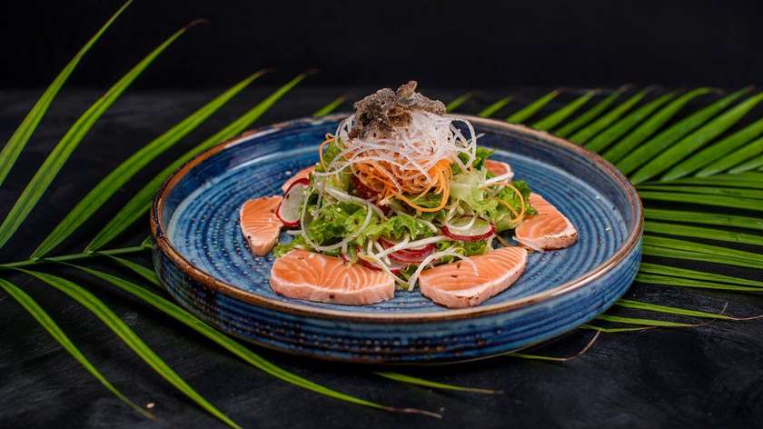 Flame-torched salmon salad