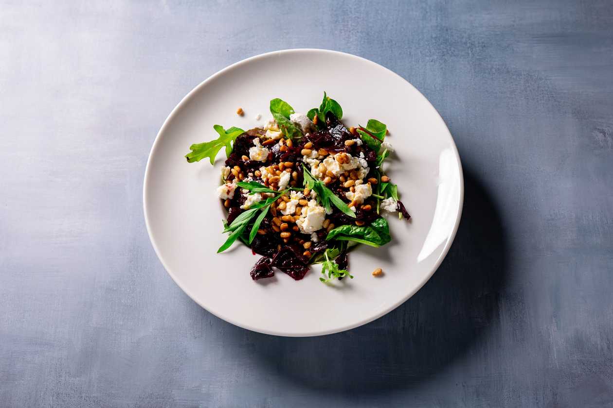 Caramelised beetroot salad with sheep and goat cheese