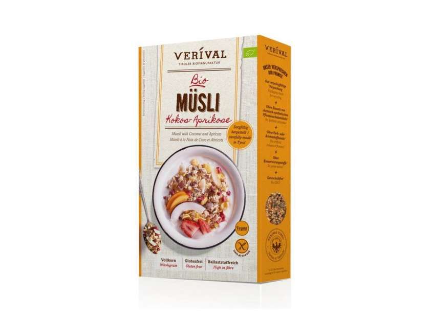 Gluten-free coconut and apricot whole grain muesli, organic, vegan - cereals