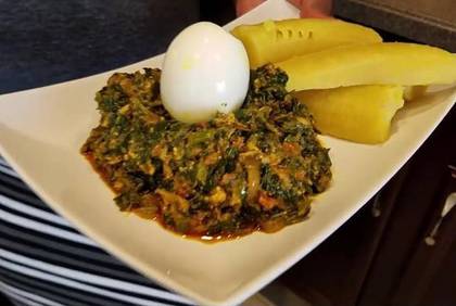Garden eggs stew (tuna, wele) boiled yam, plantain or plain rice.