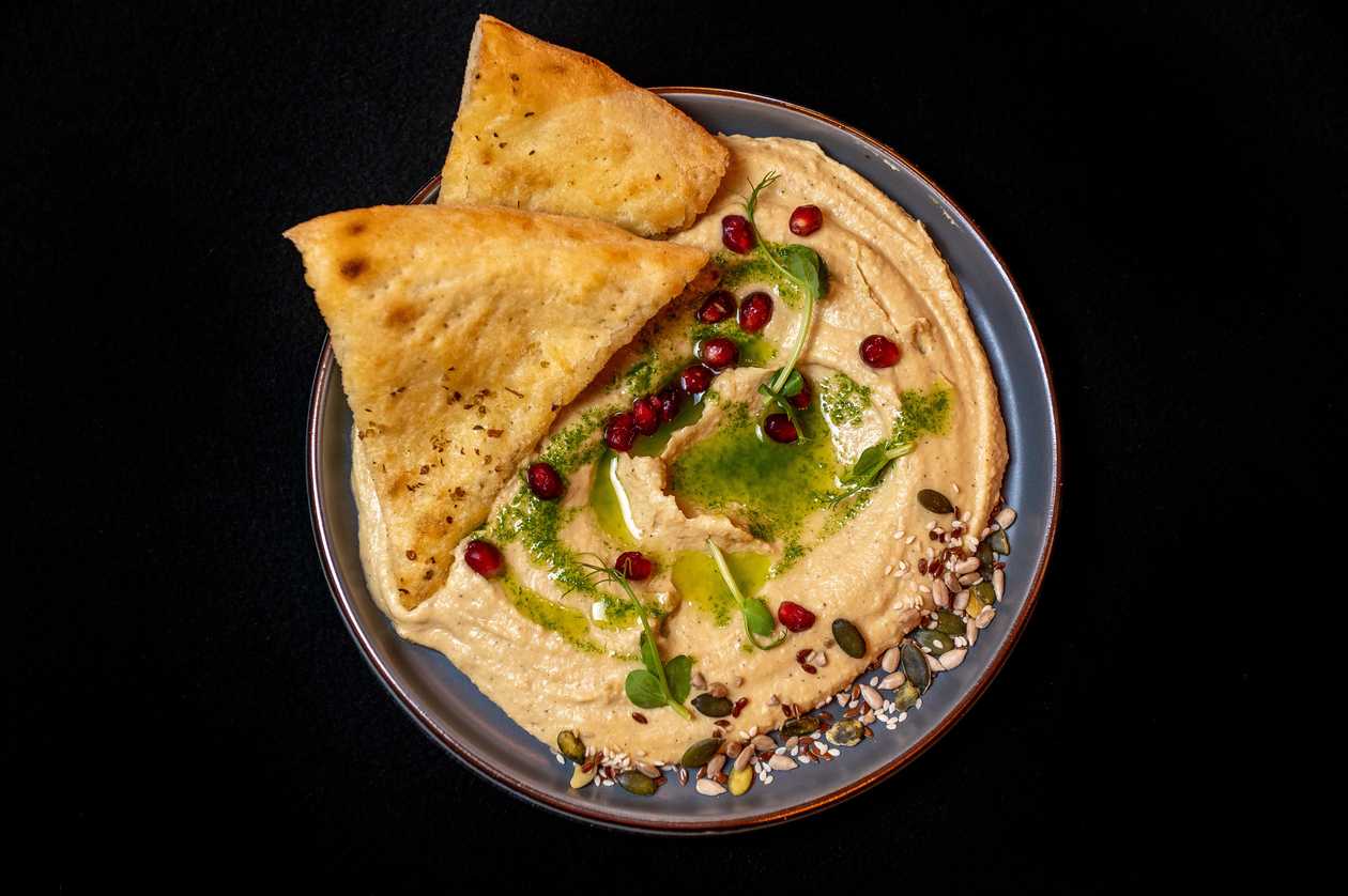 Hummus with basil and focaccia