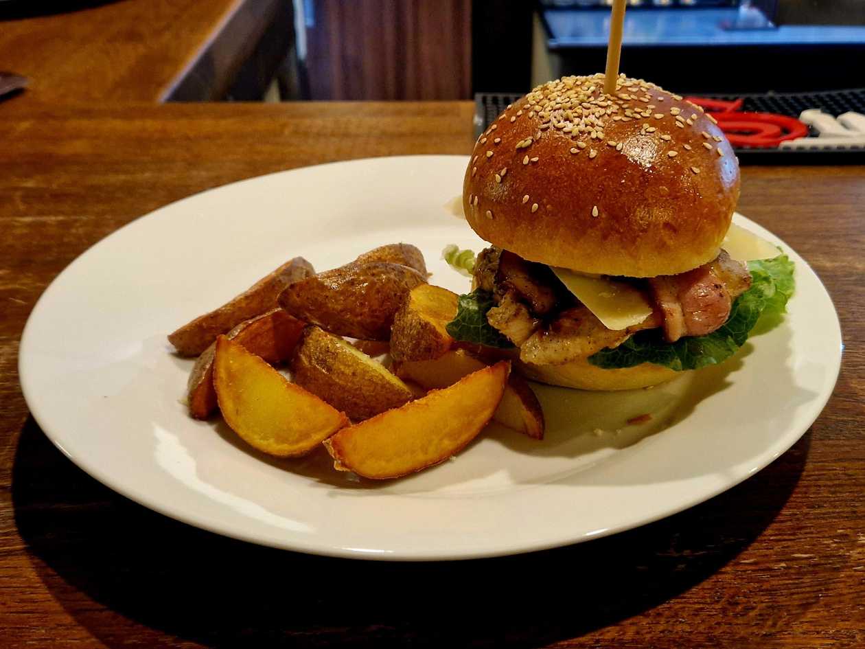 Caesar burger, our fries