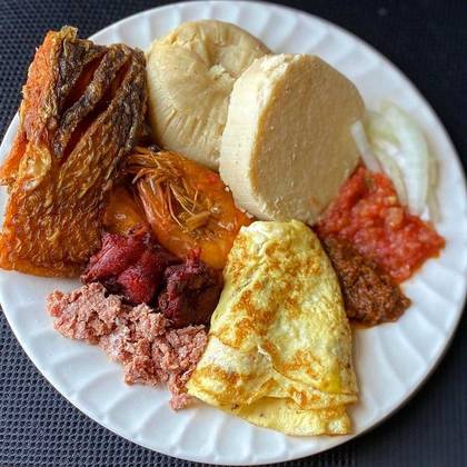 Kenkey with Fried Fish, Fried Egg and Sausage