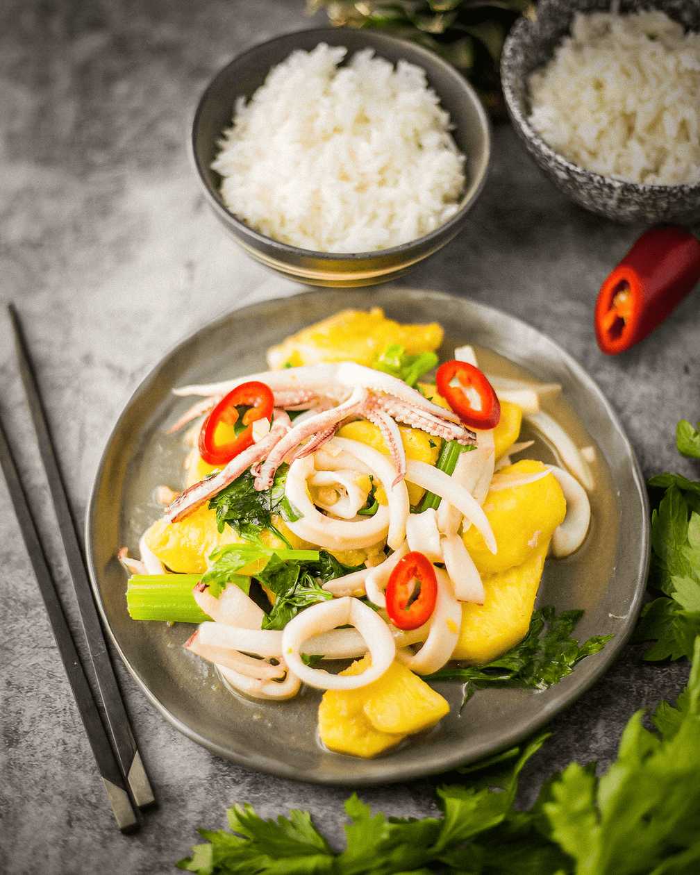 Calamari with vegetables and rice