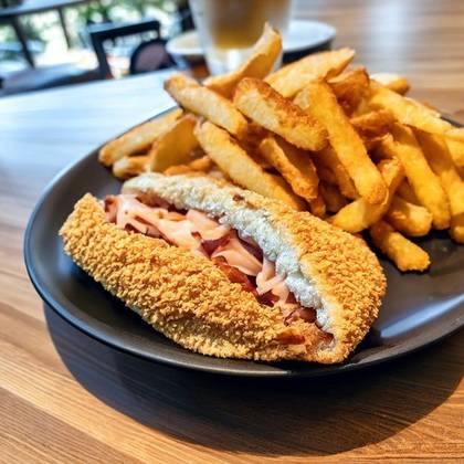 Fried chicken pocket, fries, tartar sauce