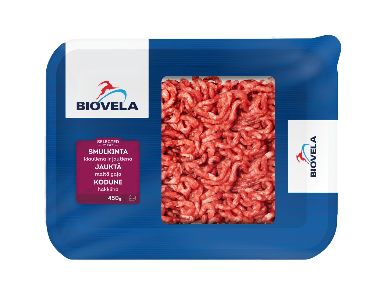 Atšaldyta smulkinta kiauliena ir jautiena BIOVELA, 450g (baigiasi galiojimas)