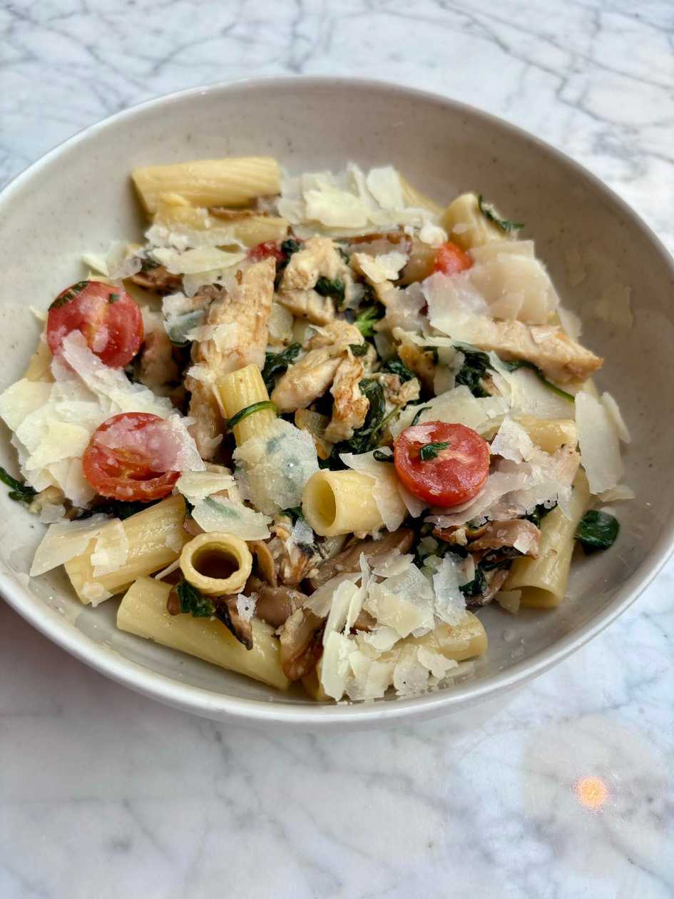 Lemon chicken pasta with mushrooms and parmesan