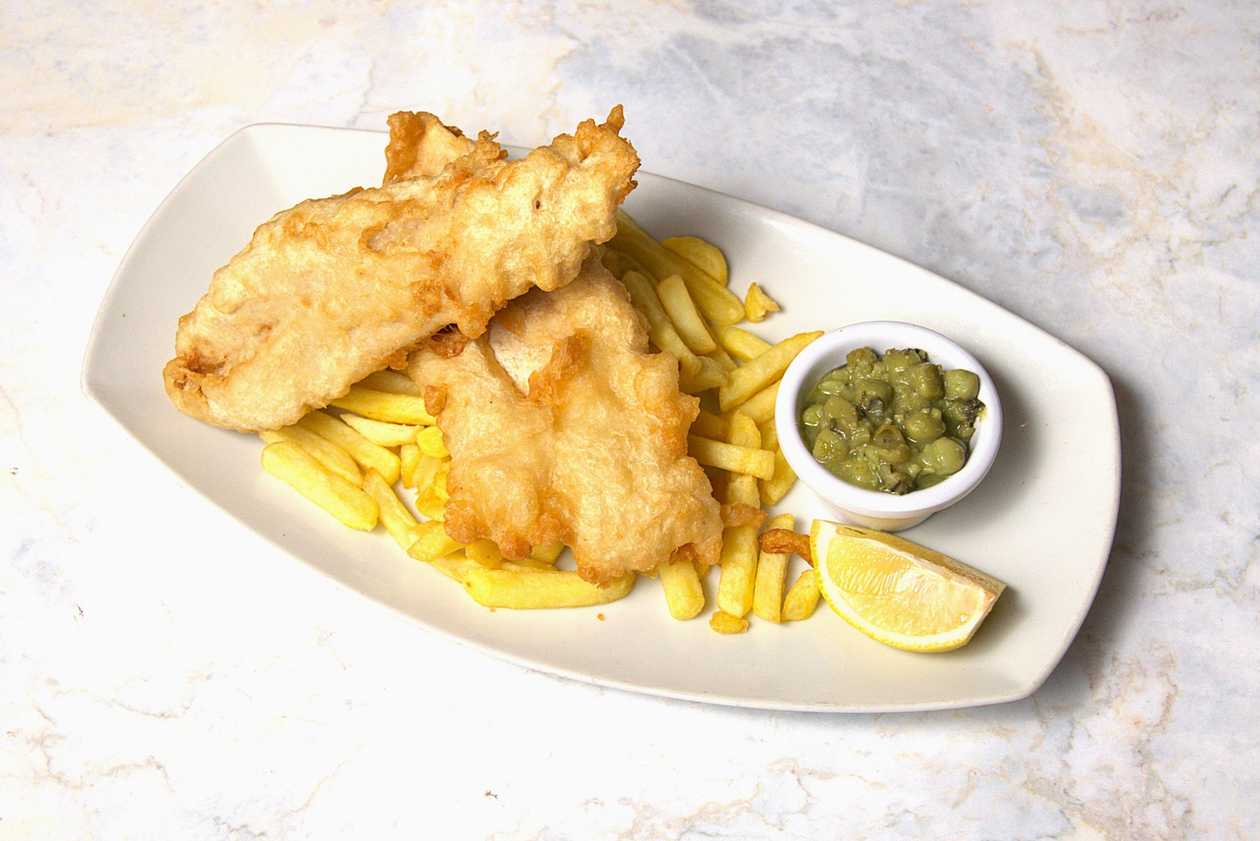 Freshly Battered Fish & Chips, and Mashy Peas