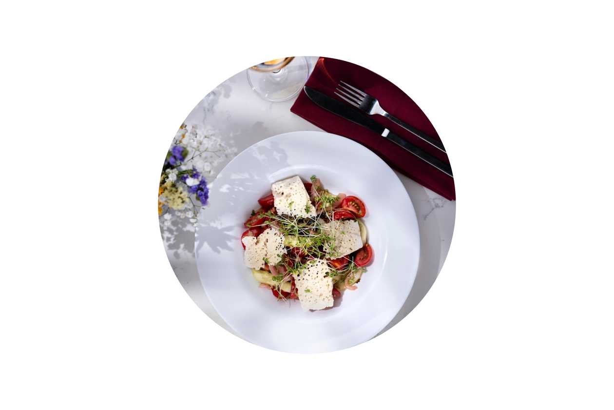 Georgian salad with cucumber & tomatoes, jonjoli,Guda cheese