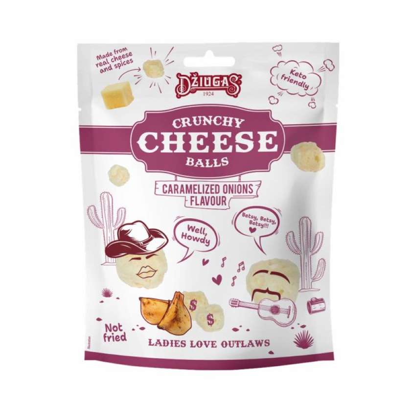 Crispy, dried cheese balls with caramelized onion flavor 45% fat,40g