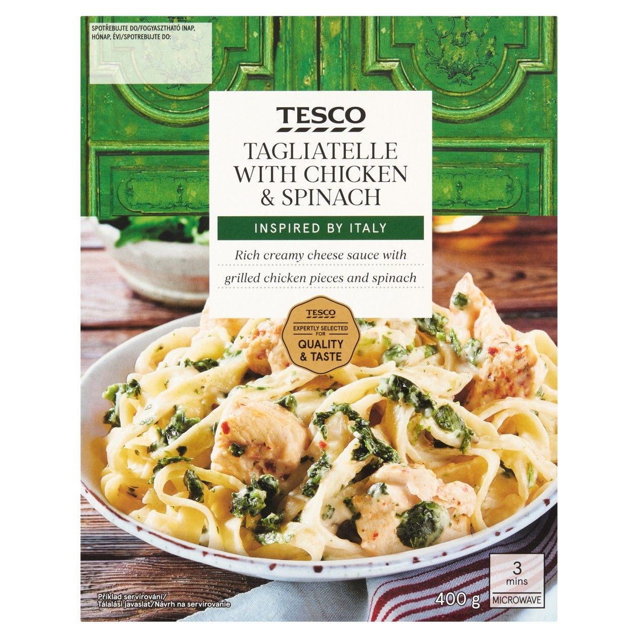 Tesco Těstoviny Se Sýrovou Omáčkou, Kousky Pečeného Kuřecího Masa A Pečeným Špenátem 400g