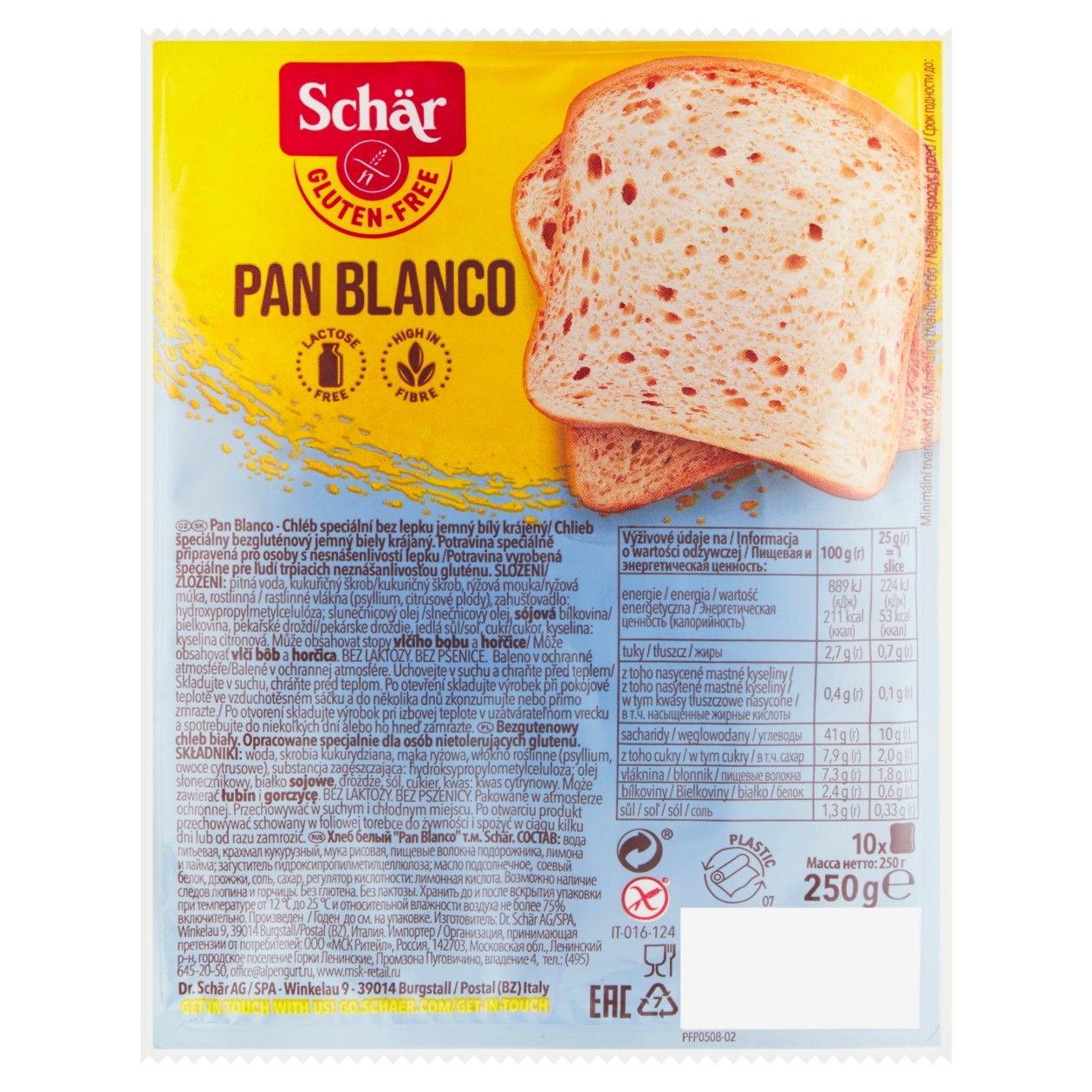 Schär Pan Blanco Chléb Speciální Bez Lepku Jemný Bílý Krájený 250g