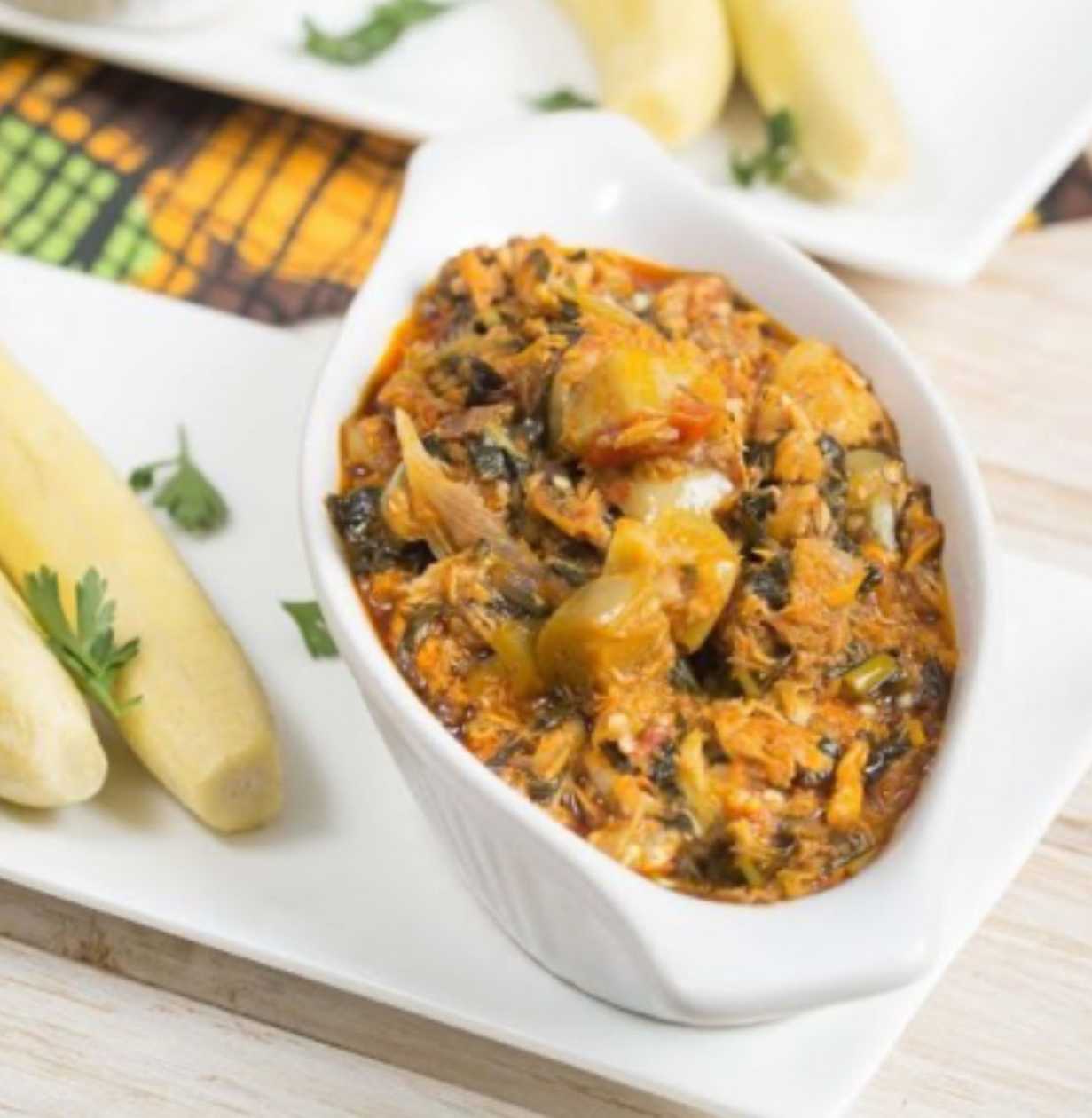 Boiled Plantain with Garden egg stew and Salmon