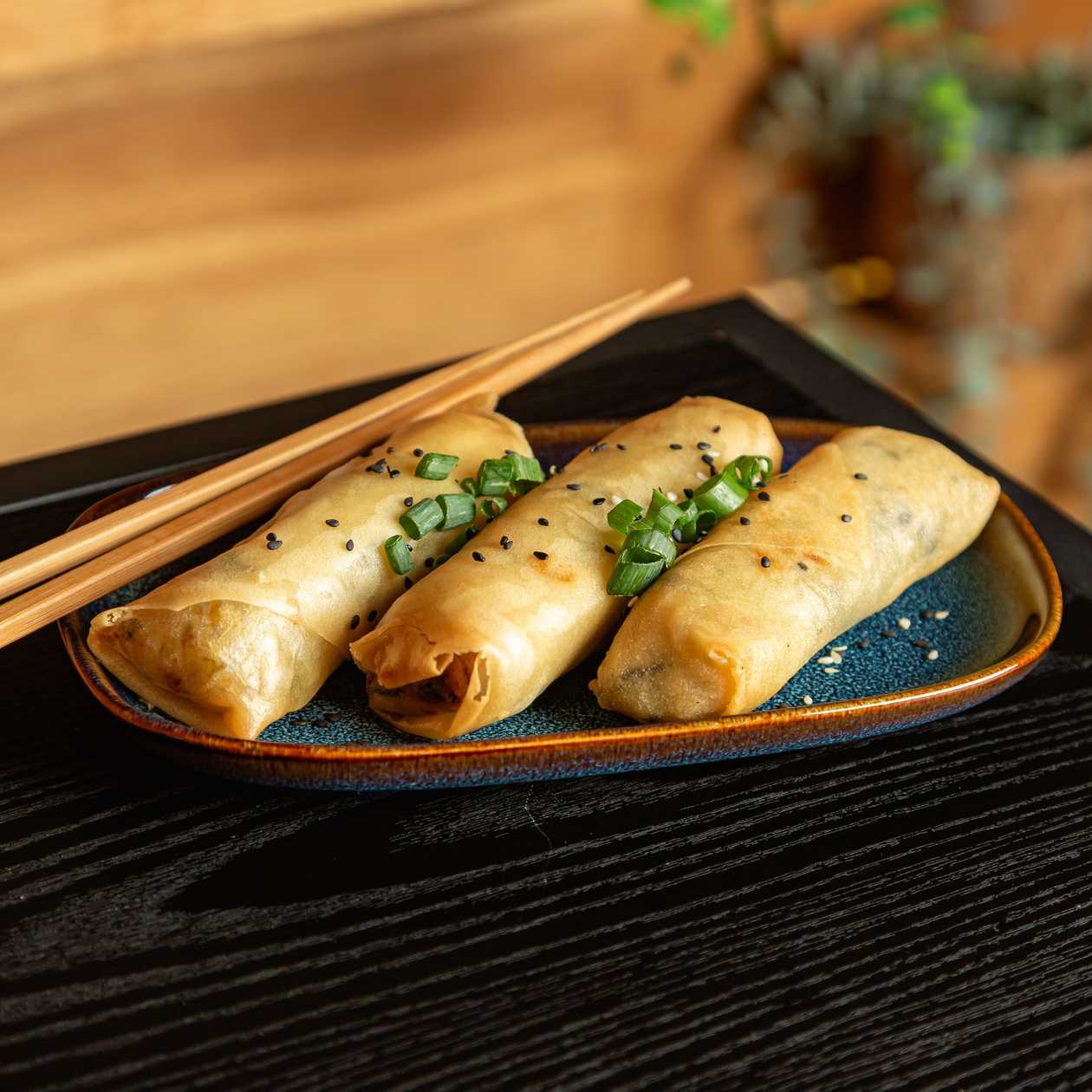 Vegetarian spring rolls with pasta and salad
