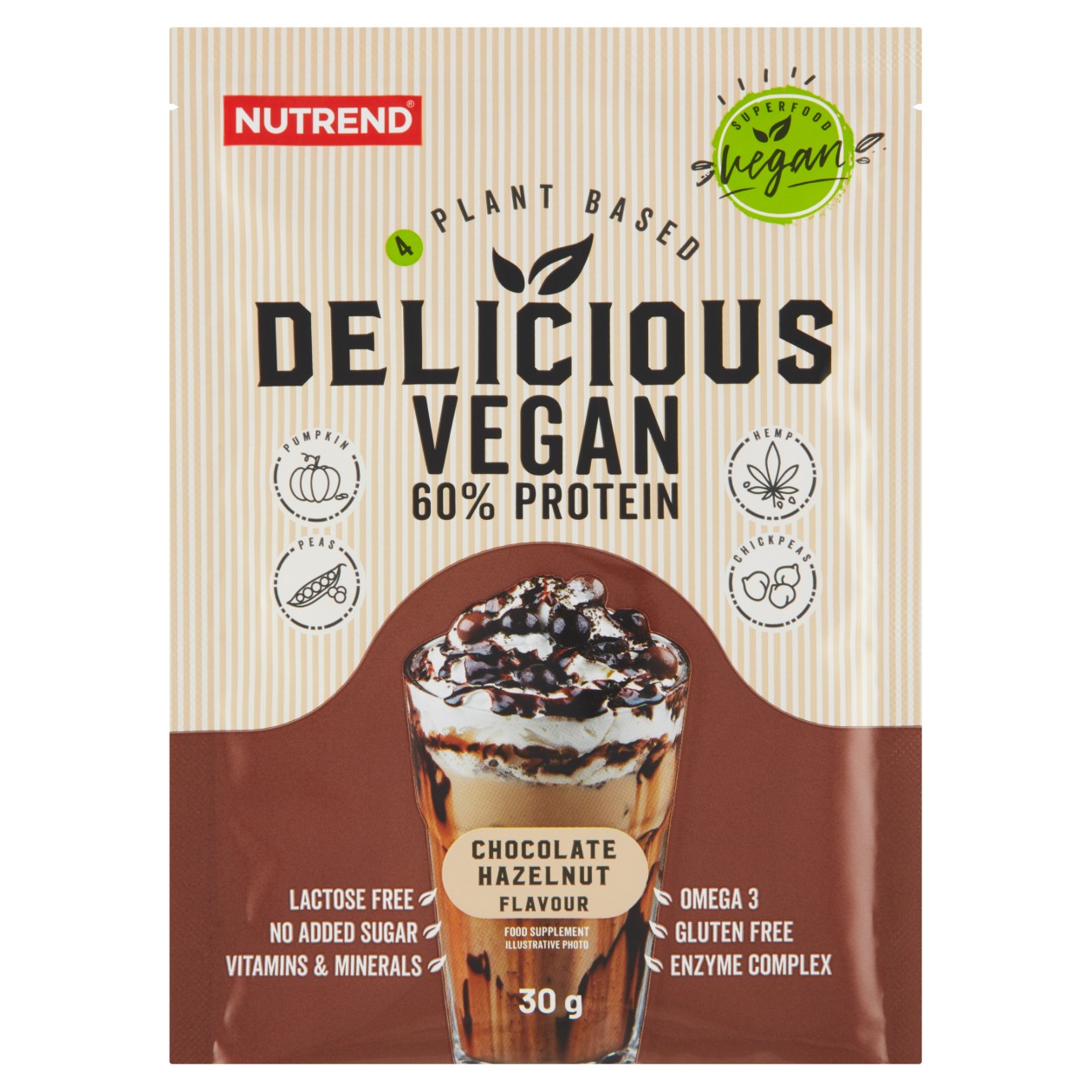 Nutrend Delicious Vegan Protein Příchuť Čokoláda + Lískový Ořech 30g