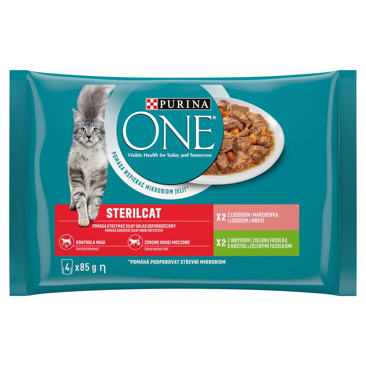 Purina One Sterilcat Kapsičky S Krůtou A Zelenými Fazolkami, S Lososem A Mrkví Ve Šťávě, 4 X 85g