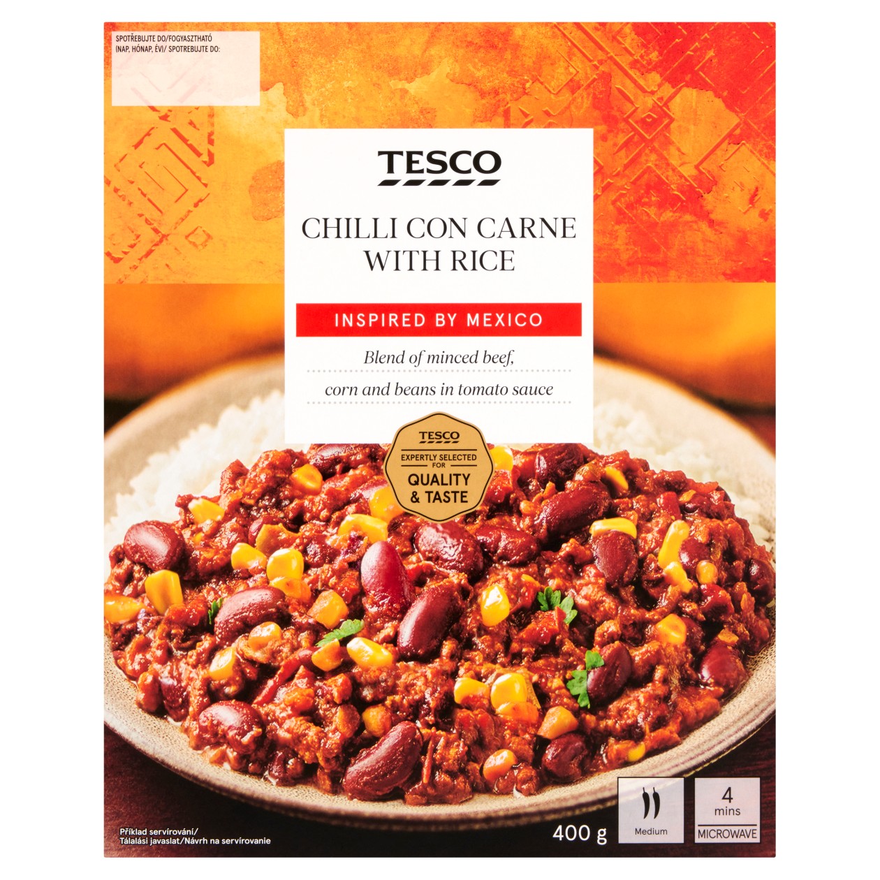 Tesco Rajčatová Omáčka S mletým Hovězím Masem Chilli Con Carne S Vařenou Rýží 400g
