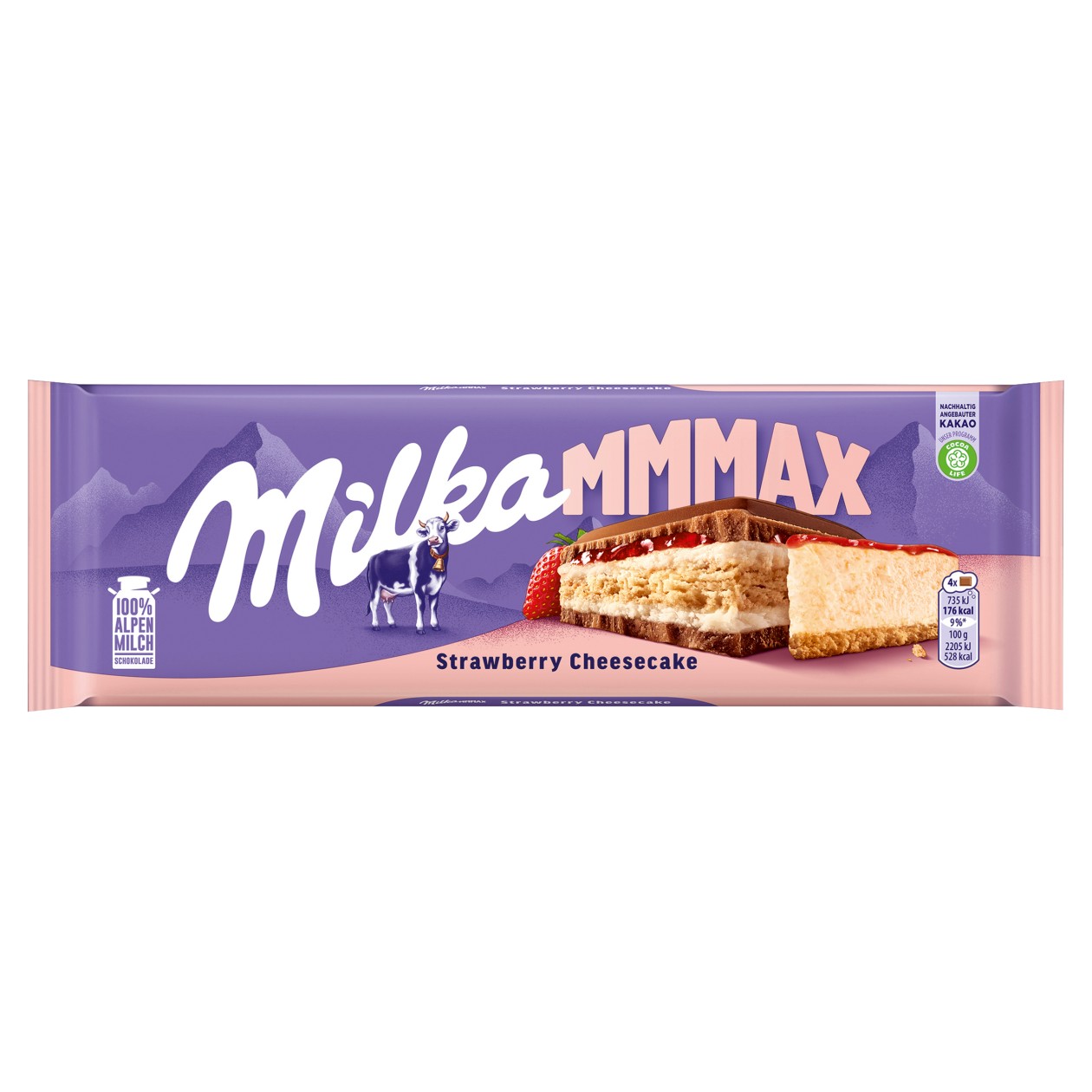Milka čokoláda Mmmax Strawberry Cheesecake mléčná, příchuť jahodový cheesecake 300g
