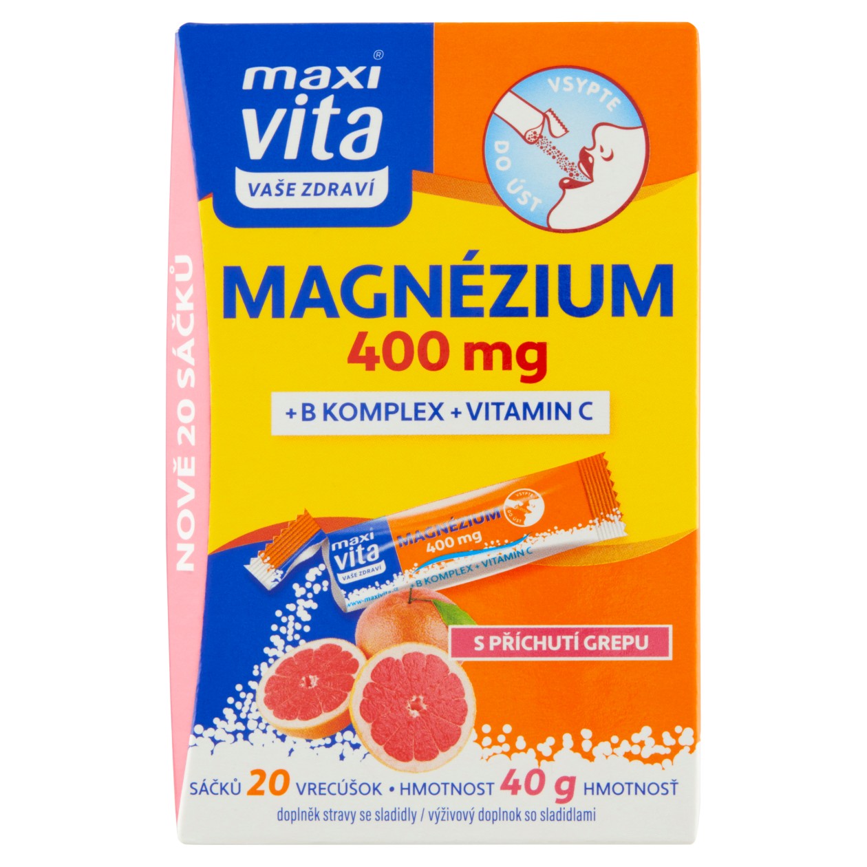 Maxi Vita Vaše Zdraví Magnézium 400 Mg + B Komplex + Vitamin C S Příchutí grepu 20 Sáčků 40g