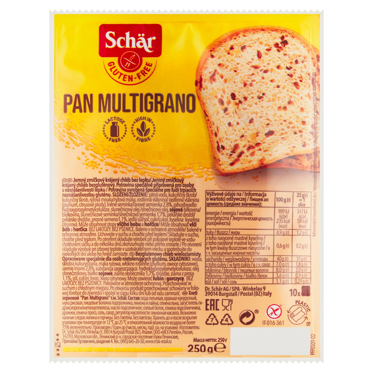 Schär Pan Multigrano Jemný Zrníčkový Krájený Chléb Bez Lepku 250g
