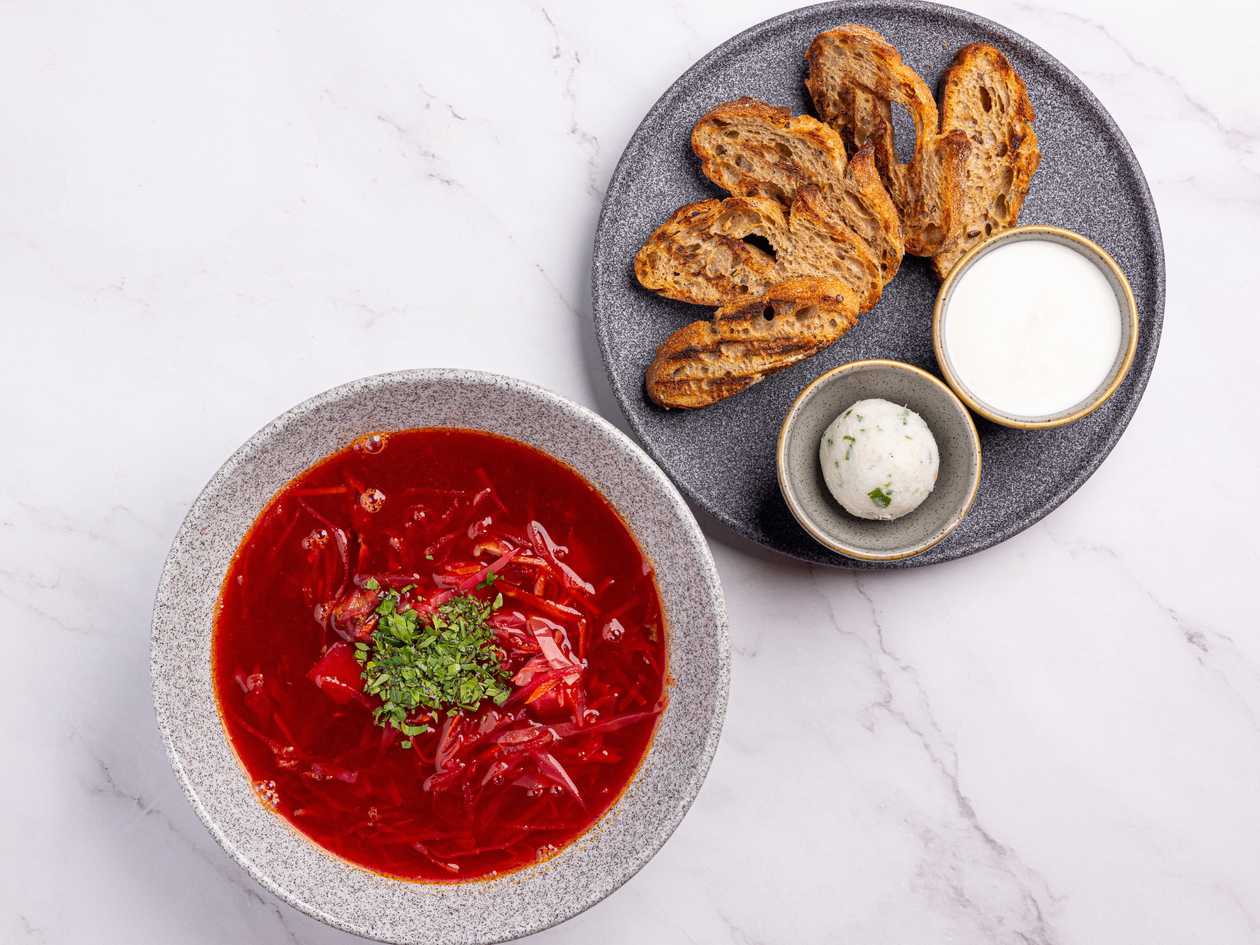 Borscht with Salo and Croutons